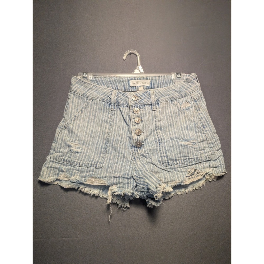 Happily Grey Shorts Womens 5x27 White Blue Striped Denim Distressed Raw Hem